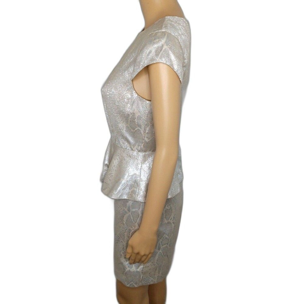Kensie Dresses Size 4 Metalic Sliver Animal Print Ruffle Zip Back Short Sleeve